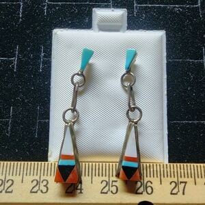 Native American Sterling Silver/Inlaid Turquoise/Coral/Mother Of Pearl Earrings